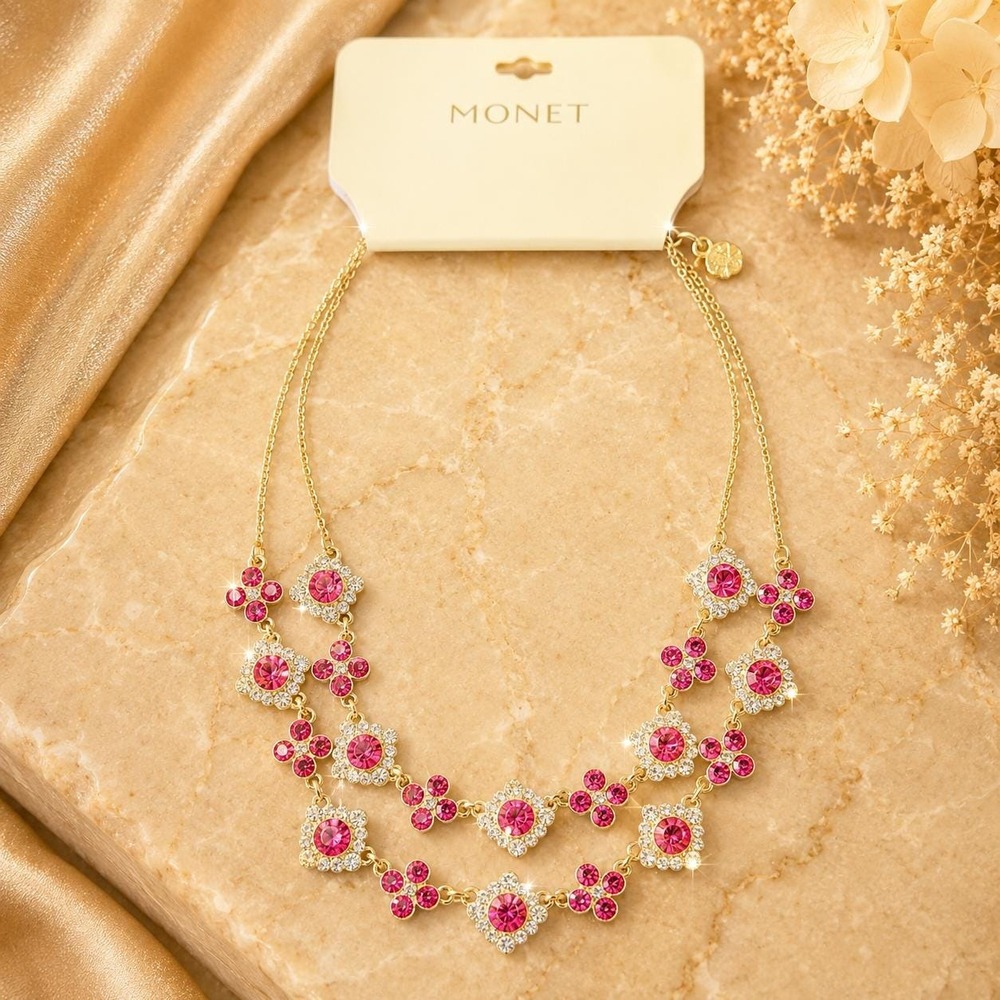 Vintage Monet Pink Crystal Double Strand Necklace Sample One of a Kind Gold Tone